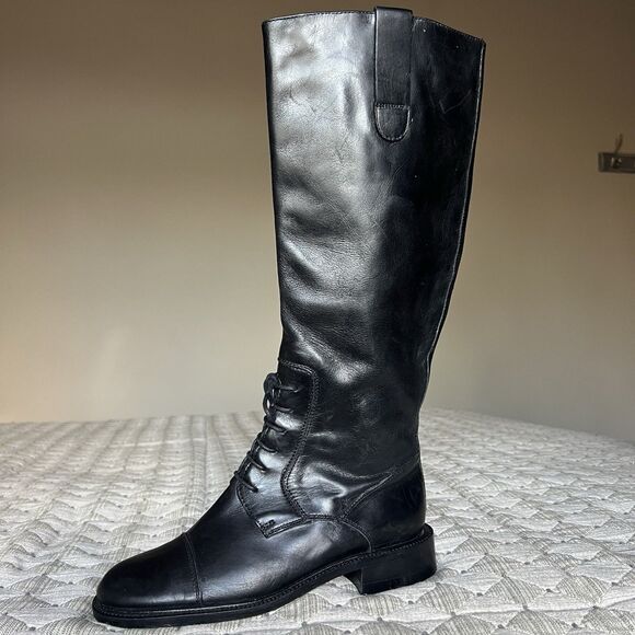 Joan & David Black Leather Lace Up Knee High Tall Riding Boot Women US 6 Italy - Picture 2 of 16